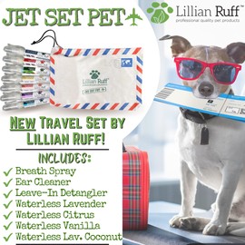 Lillian Ruff Travel Kit for Dogs | Dog Grooming Spray for Airline Travel, Dog Camping, Dog Beach | Deodorizing Waterless Dog Shampoo x4, Dog Breath Freshener, Dog Detangler Spray, Dog Ear Cleaner