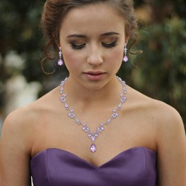 EleQueen Wedding Jewelry Set for Women Bride Bridesmaid, Stunning Marquise Rhinestone Crystal Floral Leaf Vine Pendant Necklace Dangle Earrings Bracelet Set for Prom Party Light Purple Silver-Tone