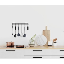 Soporte de pared para rieles de utensilios, 2 unidades, soporte para utensilios de cocina de ahorro de espacio, autoadhesivo, sin perforaciones, accesorio montado en la pared con ganchos para cocina, baño, recámara, almacenamiento (negro)