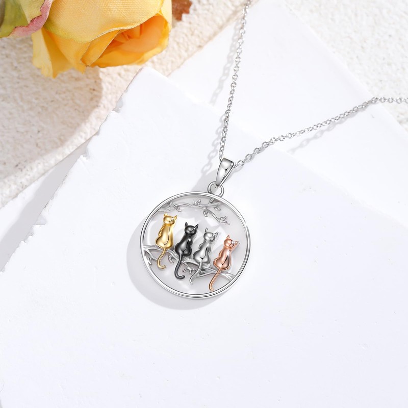 LONAGO Four Cats Tree Pendant Necklace Cat Necklace Sterling Silver