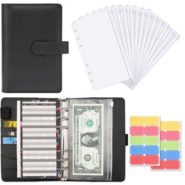 Sitengle A6 Binder, 6 Holes, Budget Binder, PU Leather, 12 Pockets, Convenient Set with Labels, Household Management, Money Management, Household Account, Documents, Vouchers, Business Cards, Memo