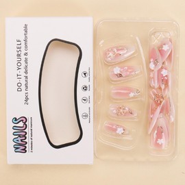 Hkanlre 3D Medium Fake Nails Tips Almond Press on Nails Flower Full Cover Cute False Nails for Women 24PCS