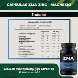 Suplemento de ZMA Zinc y Magnesio B6 en Cápsulas ENDAROO                                                                                              