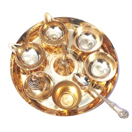 NOBILITY Premium Brass Pooja Thali Set 8 Inch, Decorative Puja Thali Set for Temple, Home, Office, Festival and Diwali Gift