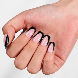 Vansiho Uñas postizas francesas de gel rosa y negro intenso, cortas, cuadradas y suaves, con puntas francesas para presionar, caja de 150 uñas postiza