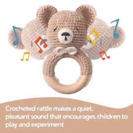 Wooden Baby Rattle Toddler Lovely Crochet Kahki Bear Ring Rattle, Newborn Animal Rattle Toys, Baby Toys for Baby and Infant Baby Soothing Toy