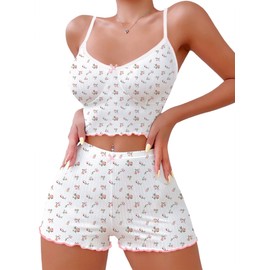 Hilinker Women's 2 Piece Floral Pajama Set Ribbed Cami Top and Shorts Sleepwear Cute Pjs White Pink Floral Large