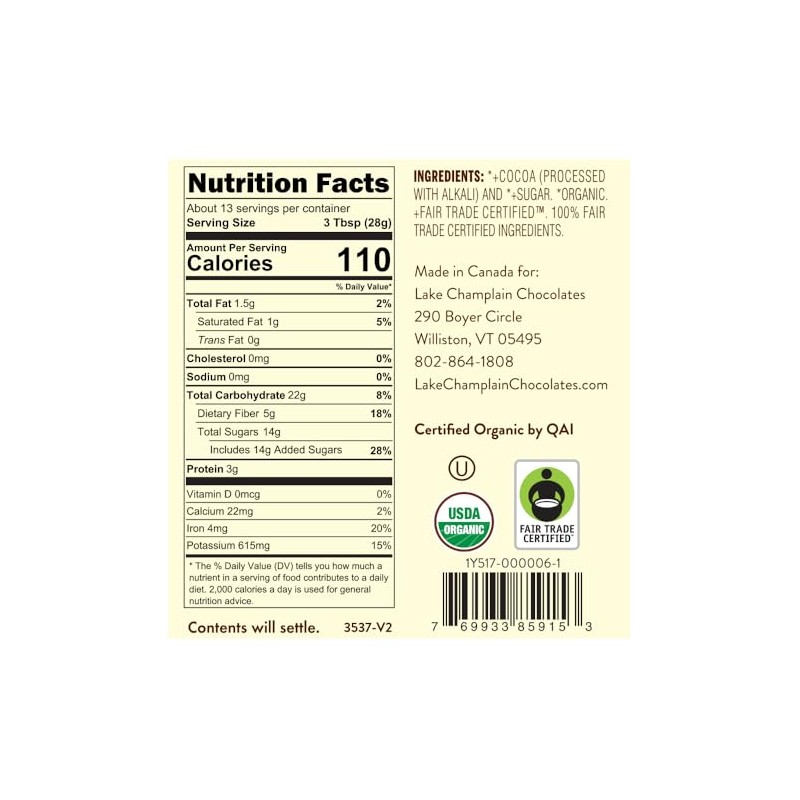 Lake Champlain Organic Vegan Dark Hot Chocolate Mix, 13 Servings,