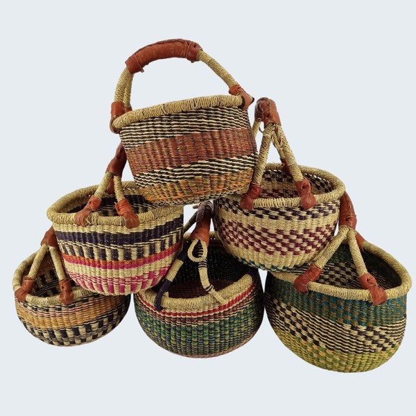 Small Bolga Round Basket Original Africa Ghana Shopping Basket Leather Handle Fair Trade Approx. 20 cm
