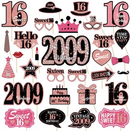 16th Birthday Decorations for Girls, Black Rose Gold Sweet 16 Photo Booth Props Sweet 16 Party Decorations Selfie Props Vintage 2009 Sixteen Centerpiece Sticks Happy 16th Birthday Party Supplies Sign