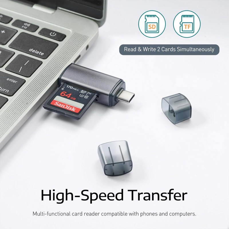 USB-C and USB SD Card Reader, 2-in-1 Aluminum Alloy Memory