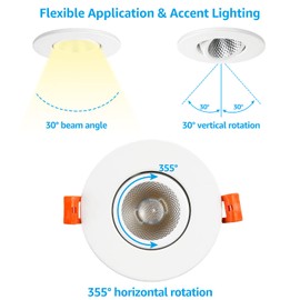 TORCHSTAR 3 Inch Gimbal LED Recessed Light with Junction Box, CRI 90+ Dimmable Swivel Adjustable Eyeball Downlight, 7W (50W Eqv.), Canless LED Ceiling Light, 5000K Daylight, White, Pack of 6
