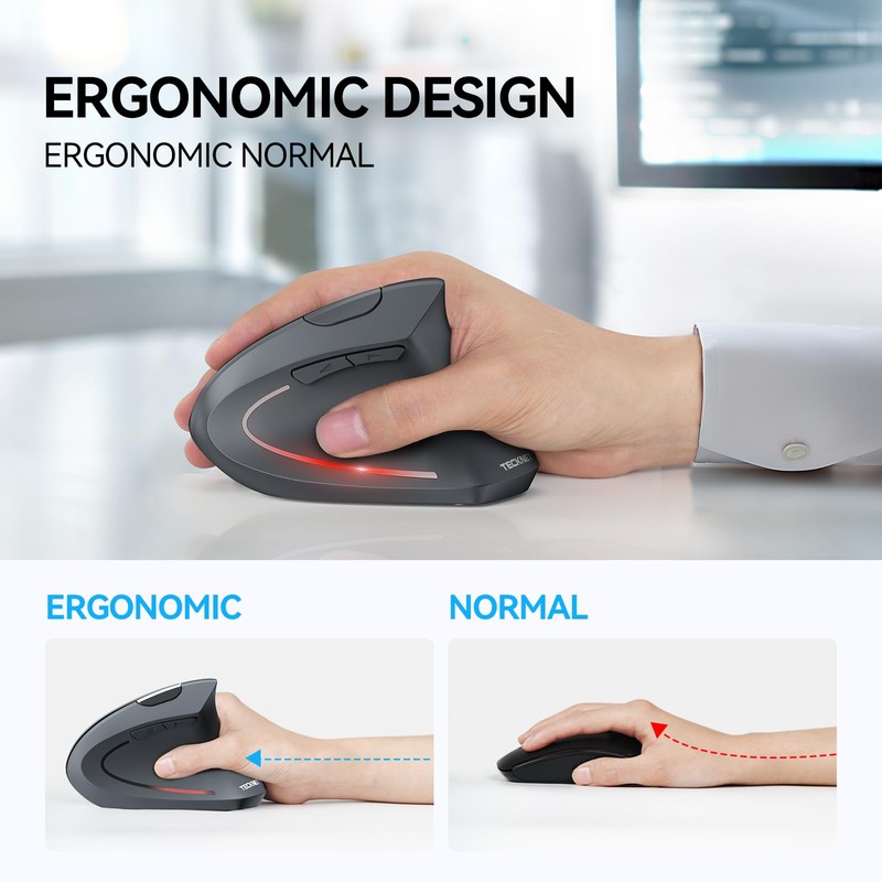 TECKNET Ergonomic Mouse, Wireless Bluetooth Vertical Mouse, 4800 DPI Silent