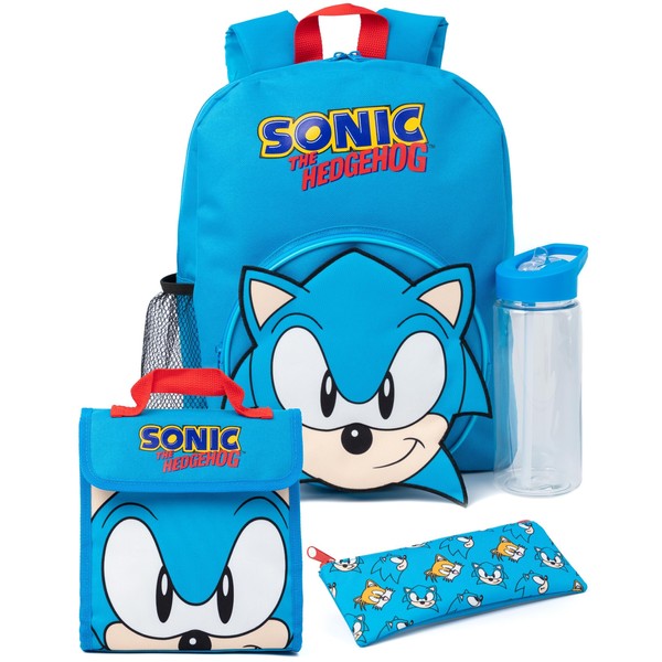 Sonic The Hedgehog Boys Backpack Set | Kids 4 Piece Blue Rucksack Set with School Bag, Pencil Case, Lunch Bag & Water Bottle | Sonic Gamer Complete Matching Bundle | Back to School Gifts for Children