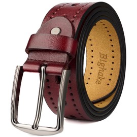 Bighake Men's Belts Casual for Jeans, Genuine Leather Belts for Men,Snap on Perforated Vintage Solid Leather Belt, Reddish Brown, 45''-46''