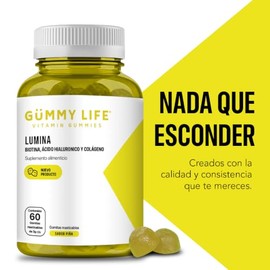 Gummy Life Lumina Gomitas con Colágeno Hidrolizado, Ácido Hialurónico, Biotina, Zinc, Vitamina E y D, 60 Gomitas, Veganas, Sin Gluten, Sabor Piña