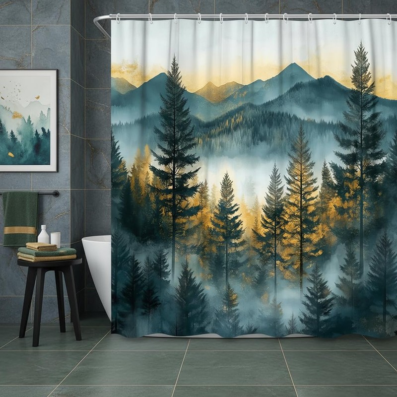 DYNH Misty Mountain Forest Shower Curtain,Sunset Sunrise Woodland Pine Tree