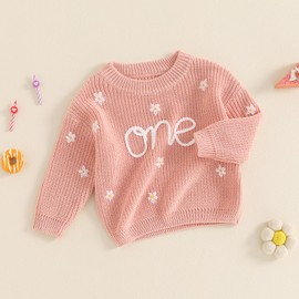 CocMouse Infant Baby Girl Knit Sweater Half/First Birthday Outfit Embroidery One Long Sleeve Pullover Tops Cute Warm Clothes (Style 2-Pink, 9-12 Months)