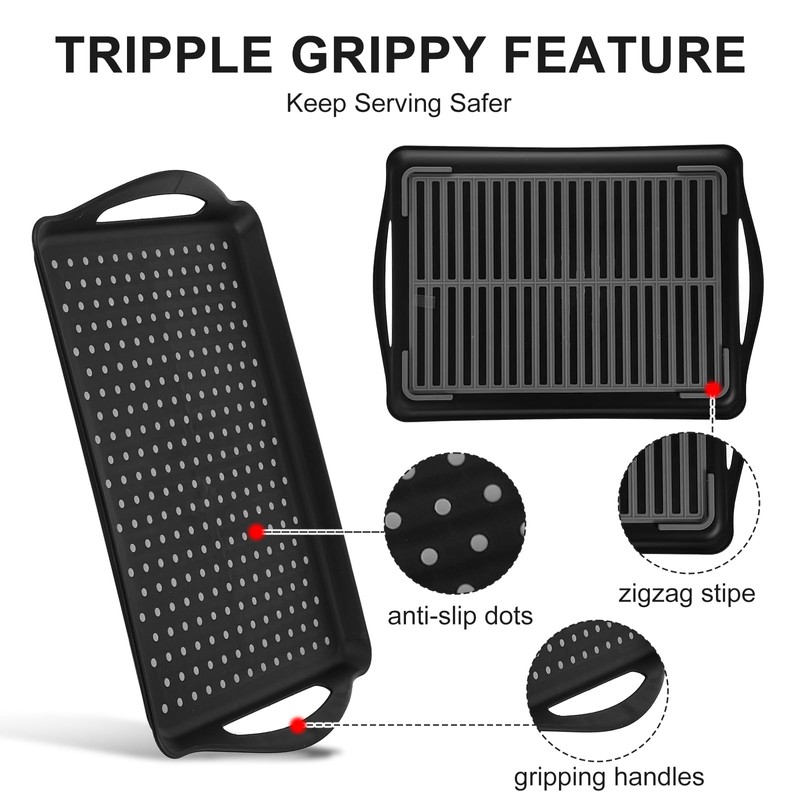 3 Pcs Anti-Slip Serving Trays with Handles, Rectangular Food Serving