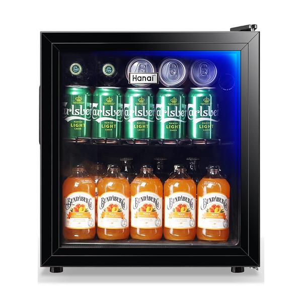 WANAI Mini Fridge Glass Door 58 Cans Beverage Cooler Refrigerator Mini Beer Fridge 1.7 cu.ft Organizer for Drinks Soda Wine Small Refrigerator with Blue LED for Home Office Dorm