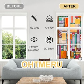 OHTMERU 3D Stained Glass Window Privacy Film, Heat Control UV Blocking Static Cling Decorative Window Film for Bathroom,Front Door,Home Non Adhesive,16.9 x 39.3 inches Autumn Reverie