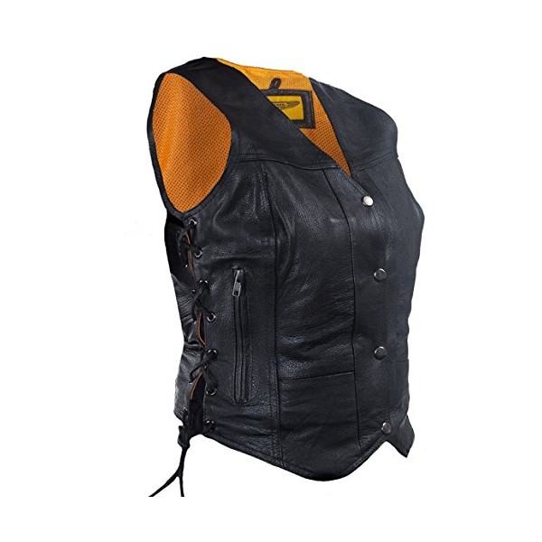 Womens 7 Pocket Naked Leather Motorcycle Vest with Gun Pockets (5XL, Black)