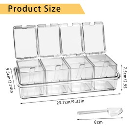 Faxco 4-Cell Clear Seasoning Rack Spice Box, Storage Container Condiment Jars Acrylic Seasoning Box with Cover and Spoon (Basic Clear)