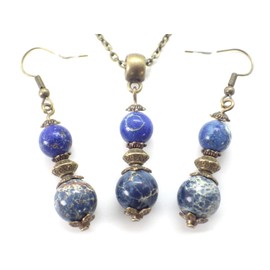 Bronze necklace and earrings set with blue imperial jasper bead pendant and Tibetan beads