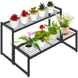 Meyoppm 2 Tier Metal Plant Stand Indoor Outdoor, Ladder Flower Pot Holder Plant Stands, Stackable Heavy Duty Tall Plant Shelf Flower Pot Holder for Garden, Display Rack