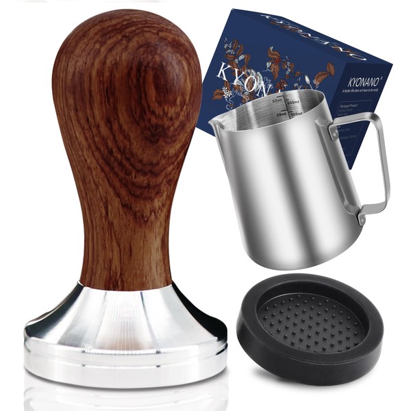 KYONANO Espresso Tamper 51 mm, Coffee Tamper Made of High-Quality Stainless Steel and Real Wood Handle, Barista Tamper Including Tamper Mat, Milk Jug [350 ml], Free E-Books - Barista Set for Coffee