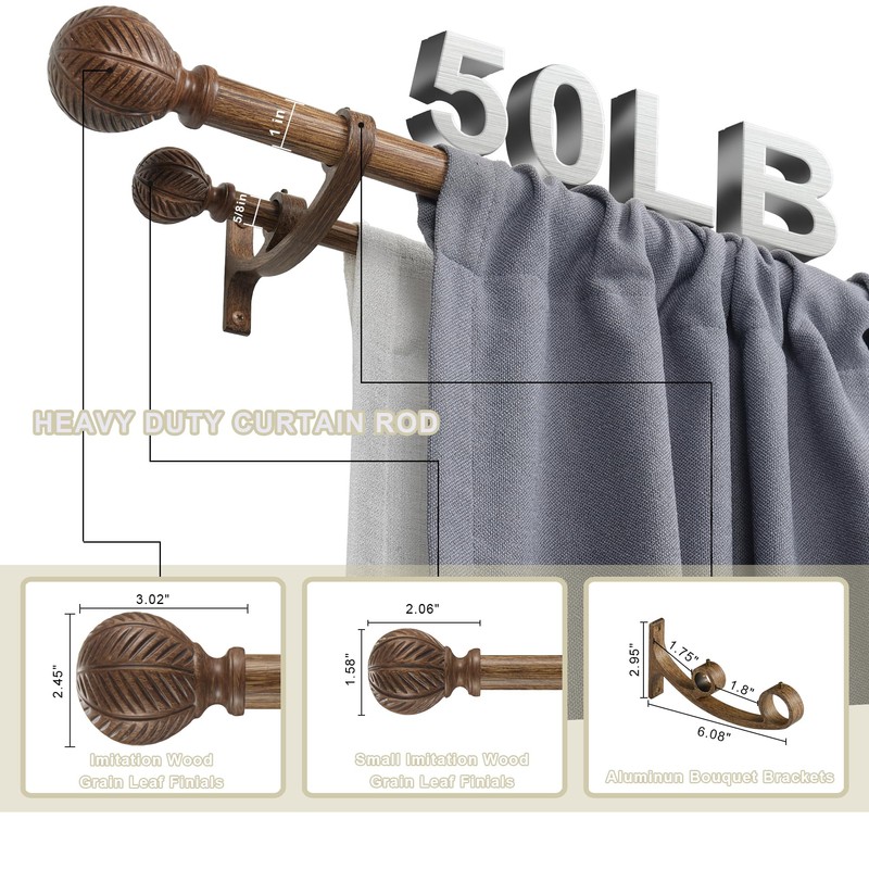 Mayrhyme Wood Double Curtain Rods Set for Windows 72 to