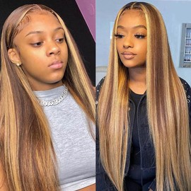 West Kiss Ombre Highlight Straight Lace Front Wigs Human Hair 24 Inch,10A Brazilian Honey Blonde Highlight 4x4 Lace Closure Wig Pre Plucked With Baby Hair For Black Women 150% Density