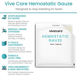 ViveCare Hemostatic Gauze (4"x4") - Quick Clot Dressing to Stop Bleeding - Wound Clotting Bandage Pads for First Aid Kit - Healing for Cuts, Abrasions, Lacerations - Product Made with Chitosan