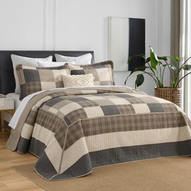 FineStichery Oversized King Bedspread Quilt 128" x 120" Extra Wide, 100% Cotton Lightweight Quilted Bed Spreads Coverlet Set Farmhouse Bedding Cover, 3 Piece, Charcoal/Beige/Browm