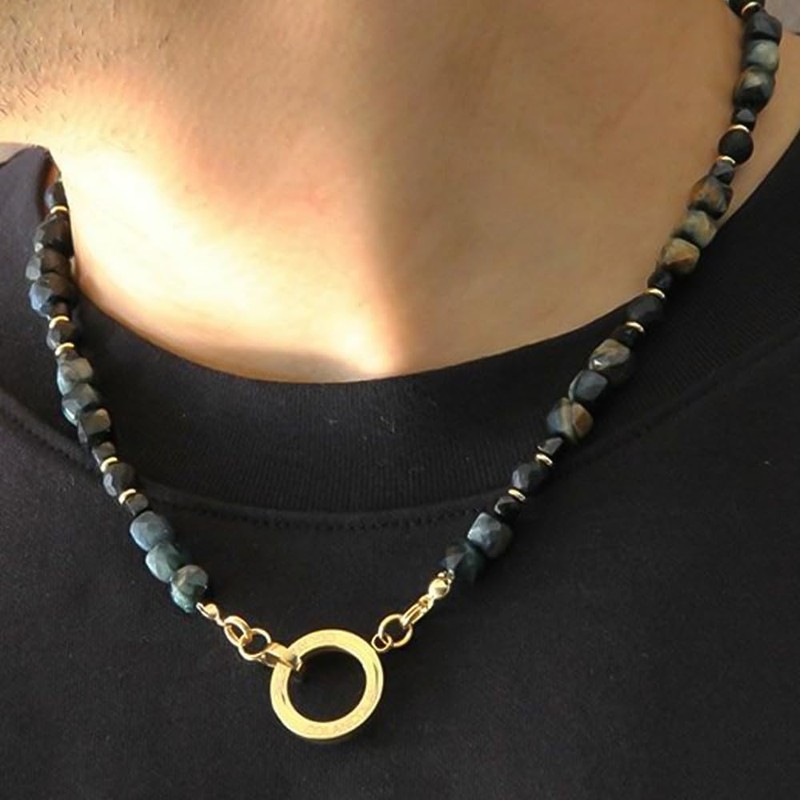 COLANCOLAN FORCE 5 Polyhedral Cube Necklace, Dark Blue Tiger Eye,