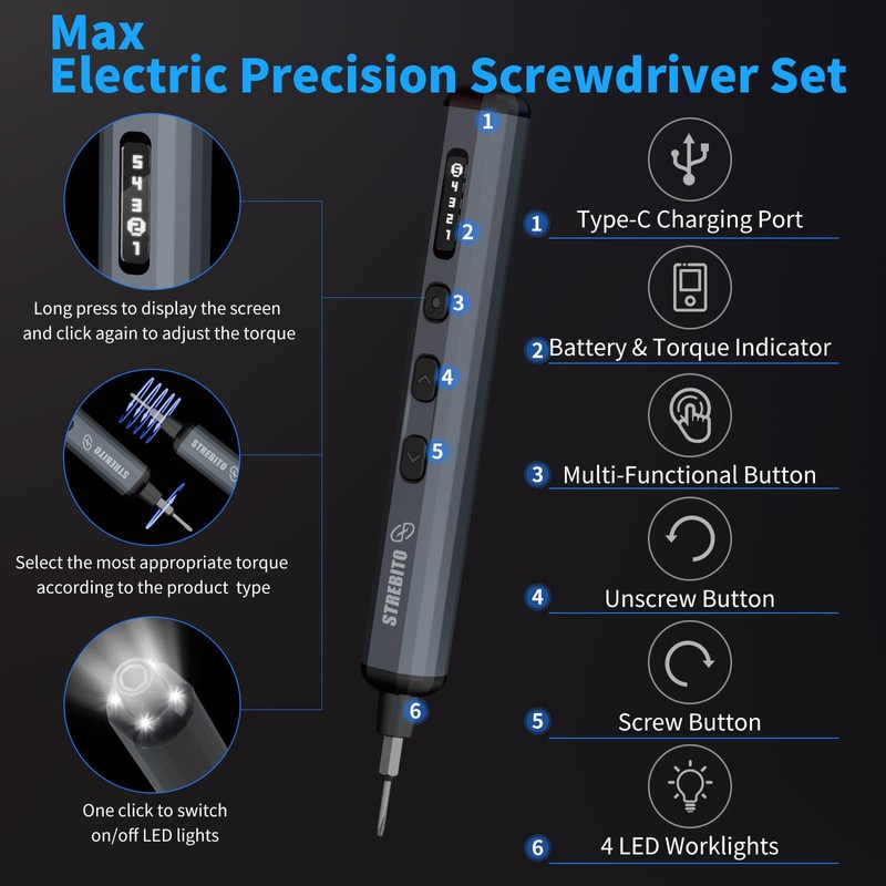 STREBITO Mini Electric Screwdriver Set, 70-in-1 Max Precision Electric Screwdriver