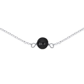 Delicate Simple Genuine Gemstone Black Onyx Chain Round Ball Bead Tin Cup Necklace For Women .925 Sterling Silver 18 Inch