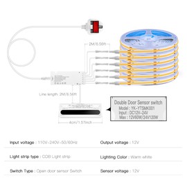 CHNMALITAI 12V Under Cabinet COB LED Strip，6 Roll 2M Warm White COB LED Strip with Open Door Motion Control Sensor Kit for Cabinet Showcase Kitchen Lighting