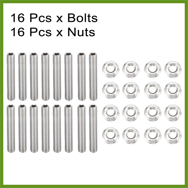 HOPESPANNER 16pcs Stainless Steel Exhaust Manifold Bolt Stud Hardware for