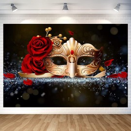 Mestiker 7x5ft Masquerade Party Backdrops Golden Mask Red Rose Backdrop for Mardi Gras Dance Masquerade Party Photography Background Birthday Party Photo Booths Props Decorations Supplies Vinyl
