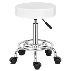 NALLBEIRRAA Round Rolling Stool Chair Modern PU Leather Height Adjustable Shop Stool Swivel Drafting Work Home Salon Stools with Wheels Office Chair (White1)