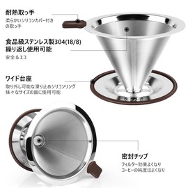 FACIACC Coffee Dripper Coffee Filter Stainless Steel Filter Slow Coffee Drip Double Layer Mesh All-in-One Cleaning Brush and Spoon Paperless Anti Clog Conical Lightweight Reusable 1-2 Cups Silver
