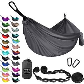 Gold Armour Hamaca de camping – Hamaca doble XL portátil hamaca accesorios de camping equipo para interiores y exteriores con correas de árbol, marca con sede en Estados Unidos (gris)