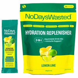 No Days Wasted Hydration Replenisher Electrolyte Replacement Stick Packets| Essential Rapid Hydration & Vitamins | Sodium, Potassium, Magnesium, Vitamins B, C, D, Zinc | Lemon Lime 24 Pack