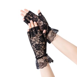 Tidyworm Women's Lace Gloves, Fingerless, UV Protection, Summer, Stylish, Floral Pattern, Thin, Short, Gloves, Sunscreen, UV Protection, Bicycle, Driving, Wedding, Brides, B Black