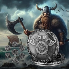 Mini DND Dice Set with Viking Helmet with Double Axes Pocket Watch Shell Case, DND Starter Set, 7pcs Polyhedral Mini Metal Dice Set, D&D Gifts with Gift Box, Role Playing Board Game Accessories,Silver