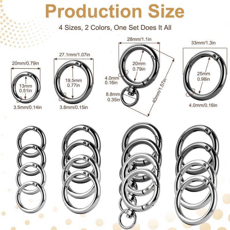 4 Sizes Metal Round Carabiner Clips with Spring O Ring,