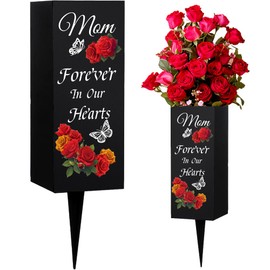 WEBEEDY Mother Cemetery Vases Mother Cemetery Decorations for Grave Metal Cemetery Vases with Spikes Roses and Butterfly Pattern Black Sympathy Cemetery Memory Sign 8 x 20 cm