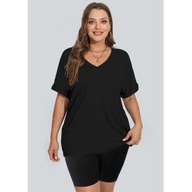 WIHOLL Womens Tops Tunic Plus Size 2024 Summer Trendy Short Sleeve Shirts V Neck Gym Yoga Workout Black 2XL