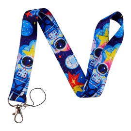 BKBKAAK Astronaut Lanyards for Id Badges, Vertical Plastic Sliding Card Holder and Silky Neck & Wrist Lanyard, Cool Colorful Spaceman Keychain with Lanyard for Kids, Boy, Men